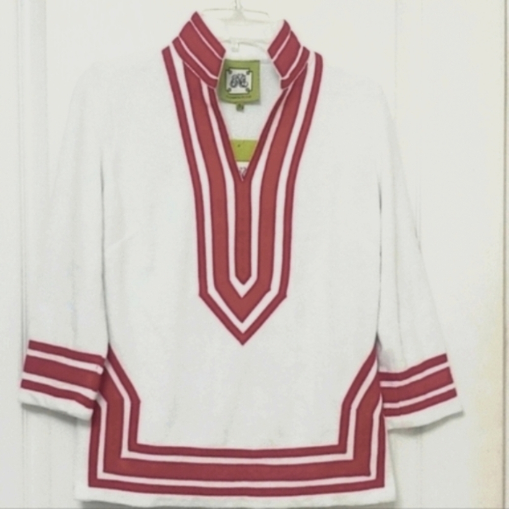 Elizabeth McKay White/Hot Pink French Terry Tunic Top. Size Small. NWT